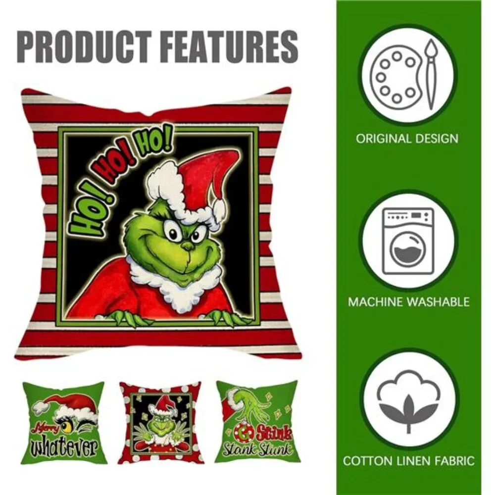 Set of 4 Merry Christmas Whatever Pillow Covers,16x16 Grinch-Themed Cushion Case